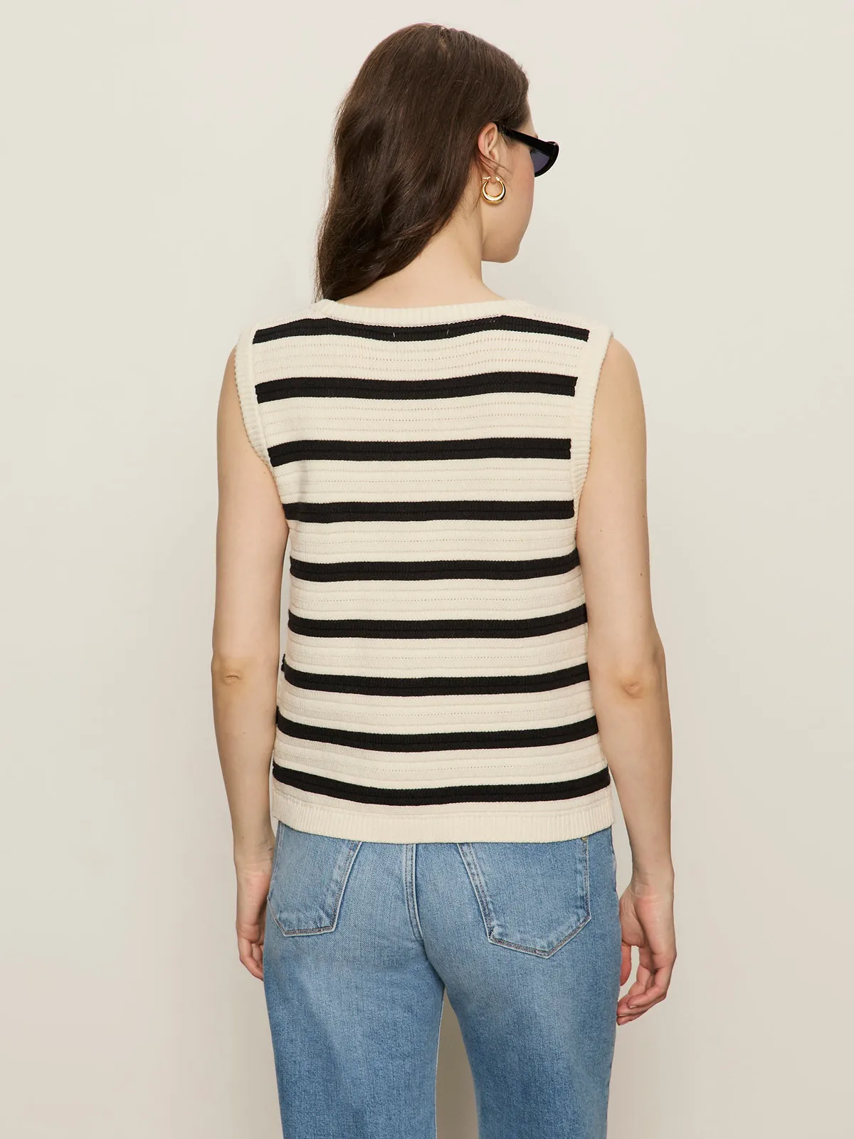 Textured Sweater Vest Macrame/ Black Stripe ButtonFront MinimalistSilhouette