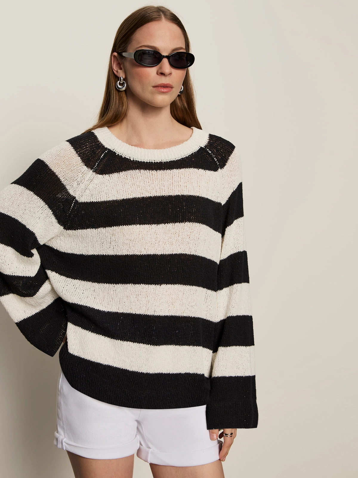 AntiStatic Material Hidden Zipper Closure Textured Raglan Crew Sweater Chalk/ Black Stripe