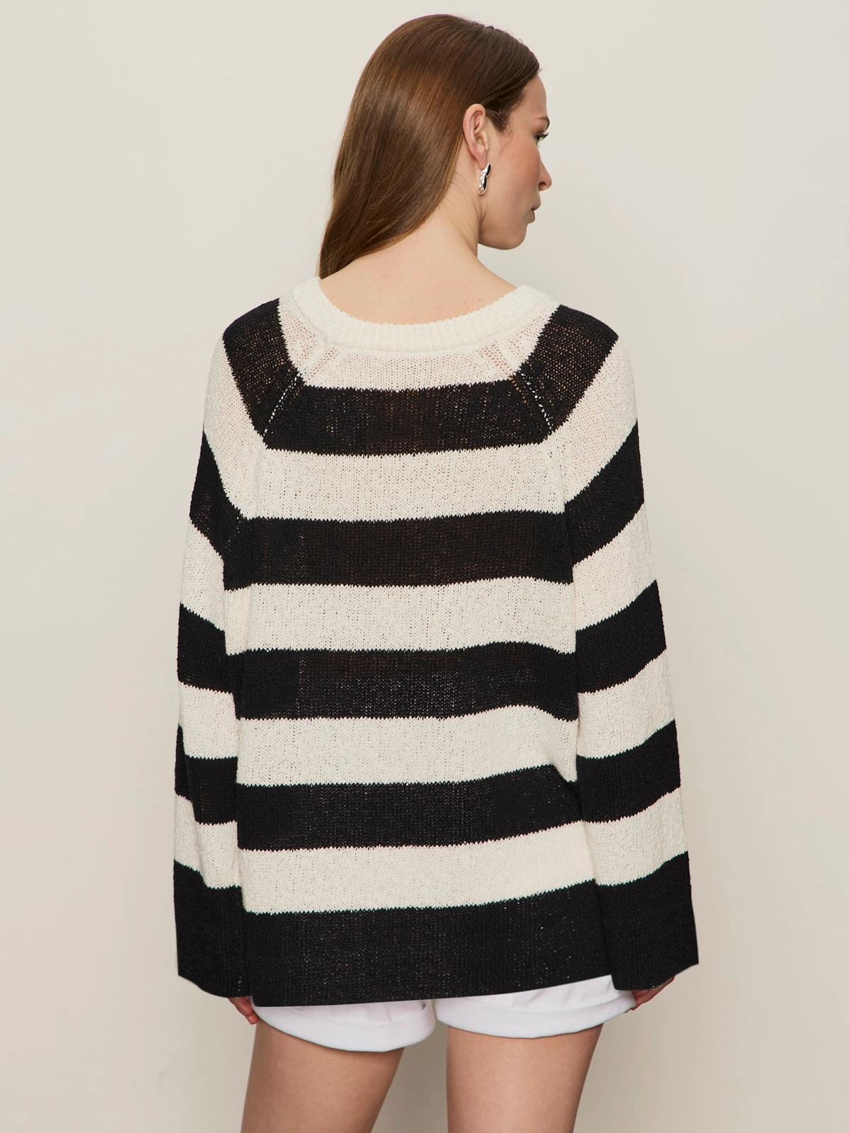 Quick Release Fastener Textured Raglan Crew Sweater Chalk/ Black Stripe