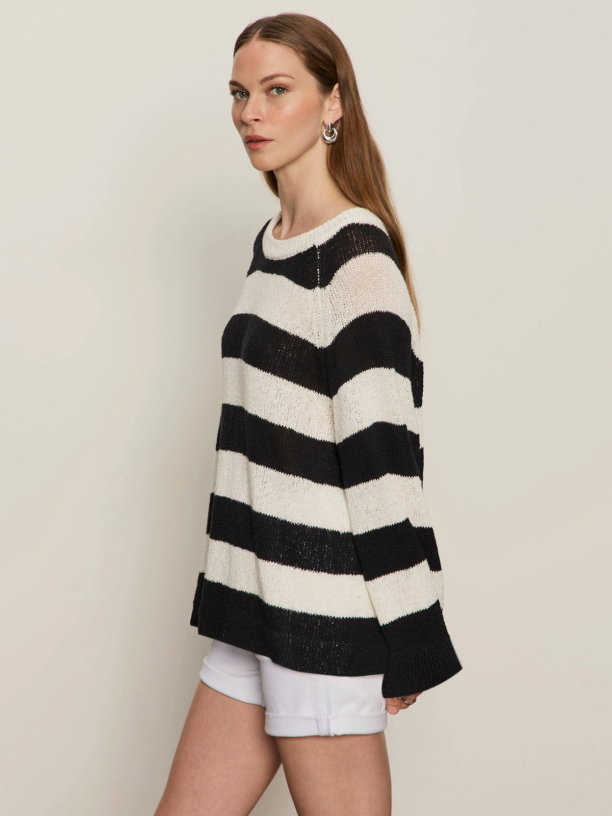 Textured Raglan Crew Sweater Chalk/ Black Stripe MicrofiberTech LayeredStyling