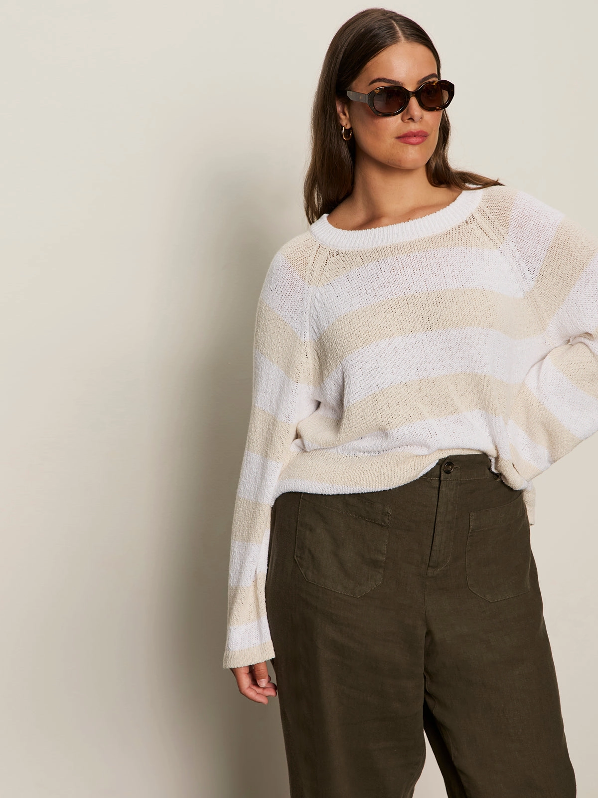 Textured Raglan Crew Sweater White/ Light Oat Stripe Extended Sizing Daily Wear