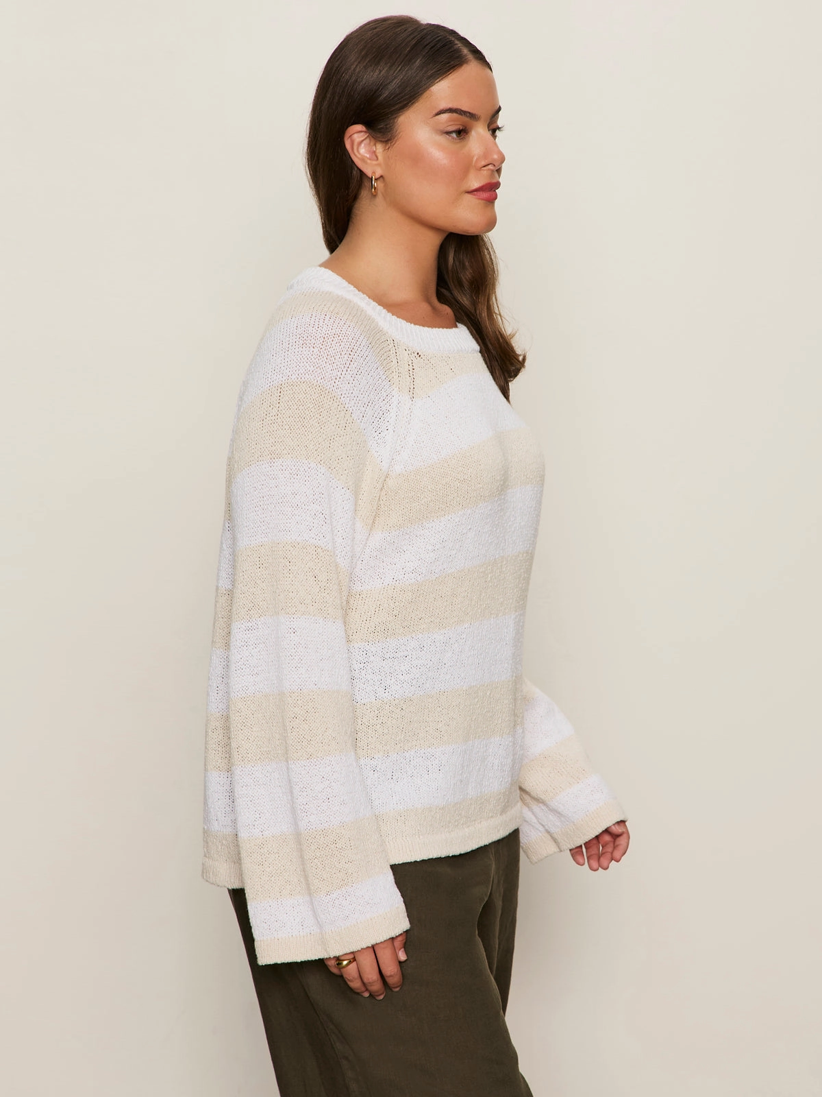 Simple Shirt Four Way Stretch Material Textured Raglan Crew Sweater White/ Light Oat Stripe Extended Sizing