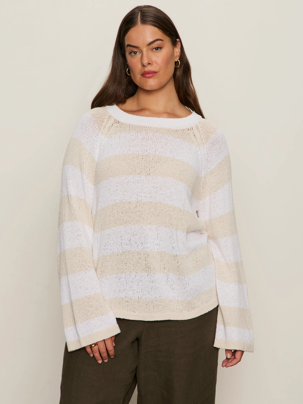 FlexibleCollar CroppedLength Textured Raglan Crew Sweater White/ Light Oat Stripe Extended Sizing