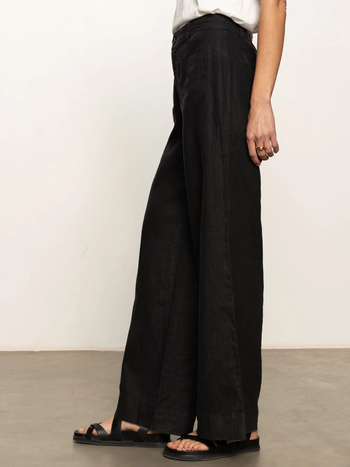 The Linen Marine Wide Leg Semi-High Rise Pant Black Chilly Weather Comfort