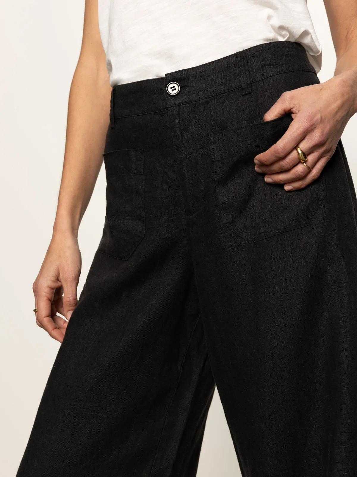 The Linen Marine Wide Leg Semi-High Rise Pant Black Comfy Stretch