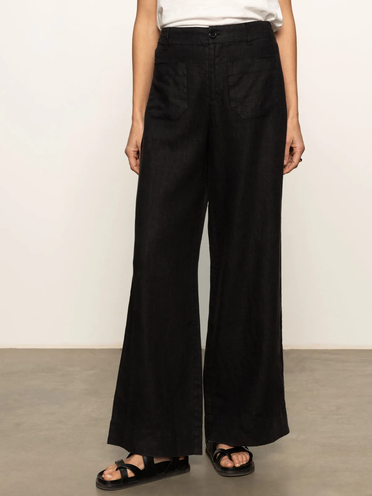 Flexible Gusset The Linen Marine Wide Leg Semi-High Rise Pant Black