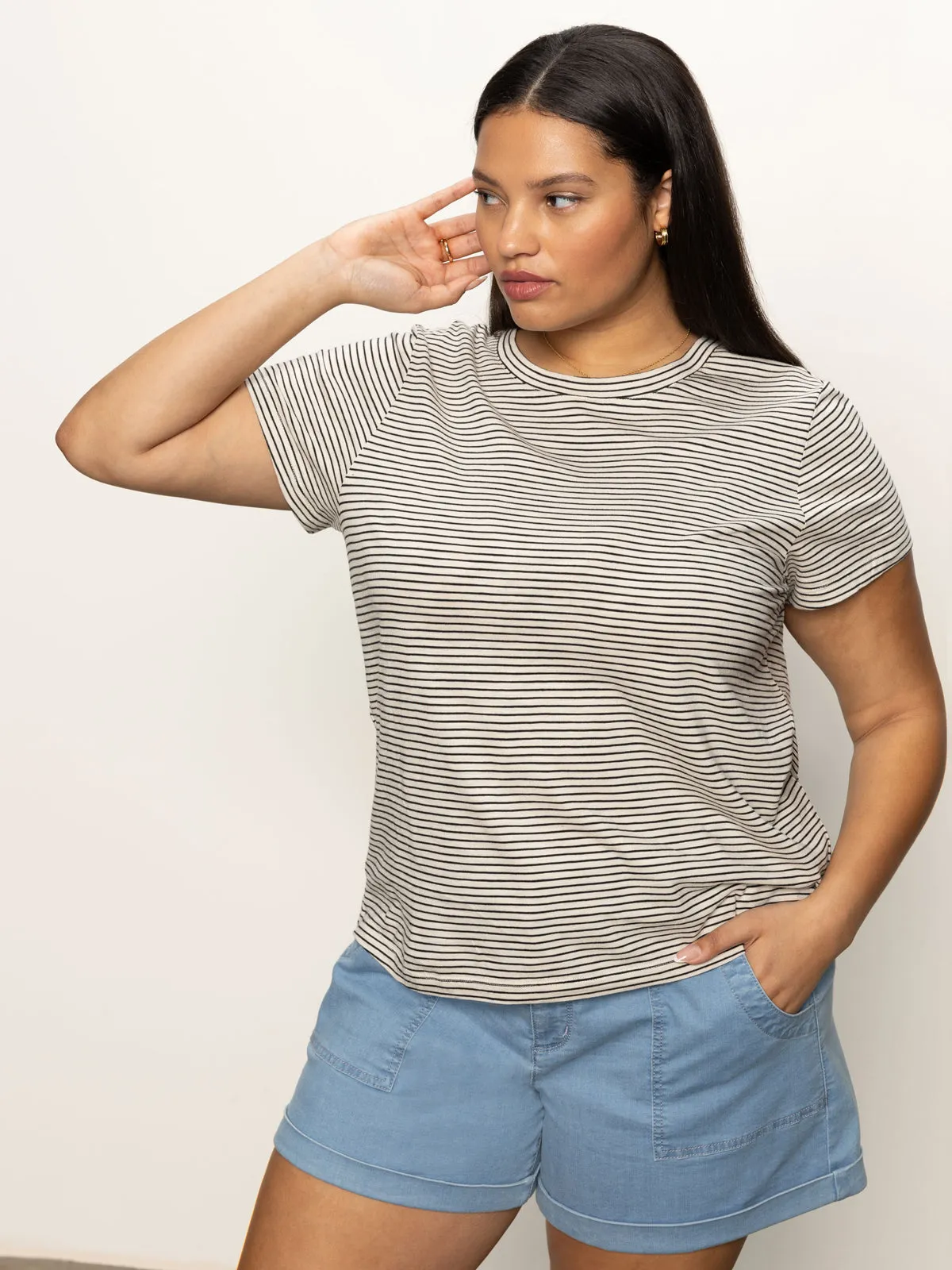 Natural Fiber Blend The Perfect Tee Pumice Stone / Black Stripe Extended Sizing