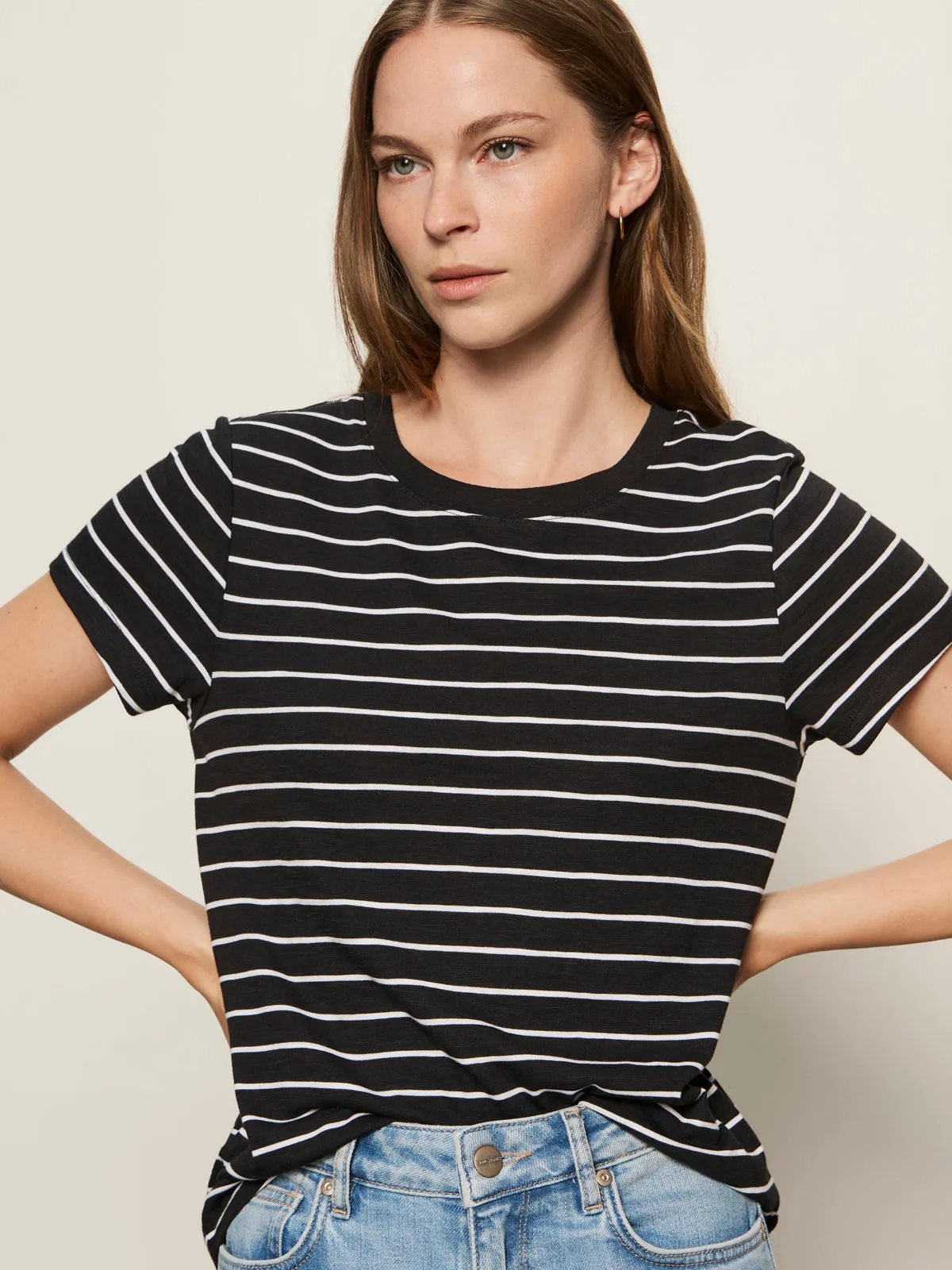 The Perfect Tee White/Black Stripe NonFadeFinish Temperature Regulating Fibers
