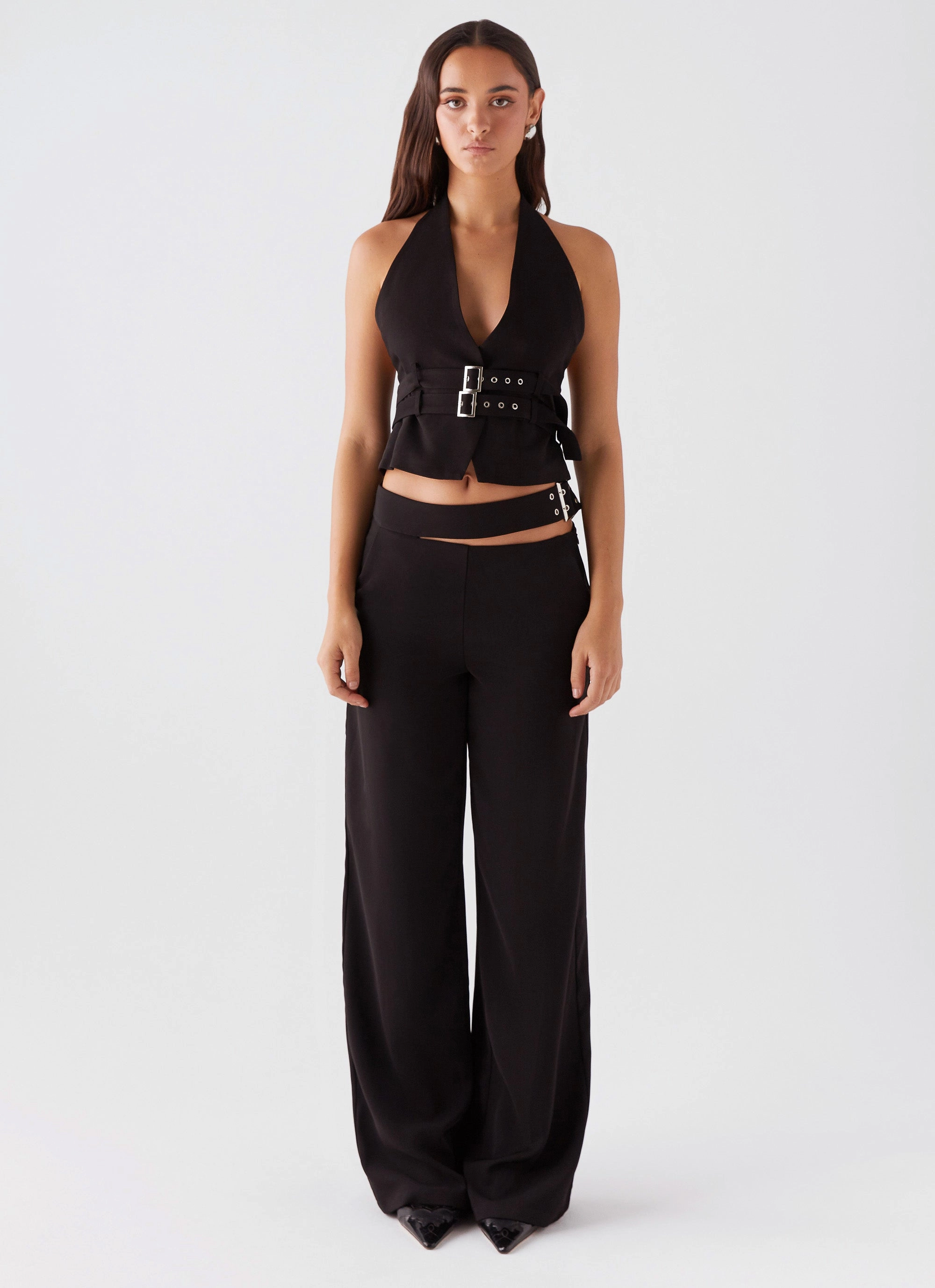 The After Party Cut Out Belt Pants - Black Stretch Panels Modular Attachment