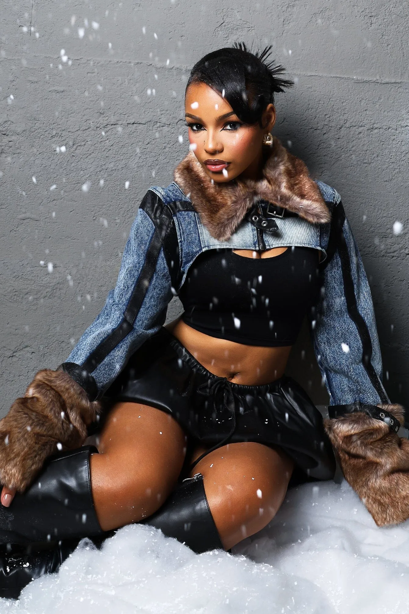 Messina Faux Fur Denim Crop Jacket suitable for dance competitions