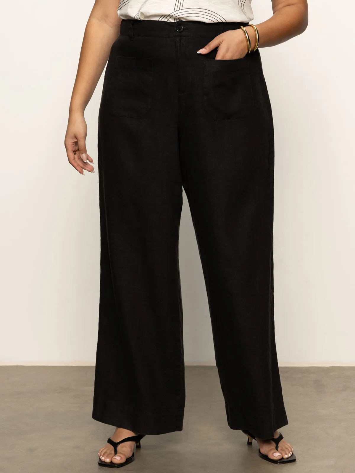 The Linen Marine Wide Leg Semi-High Rise Pant Black Extended Sizing Slim Comfort