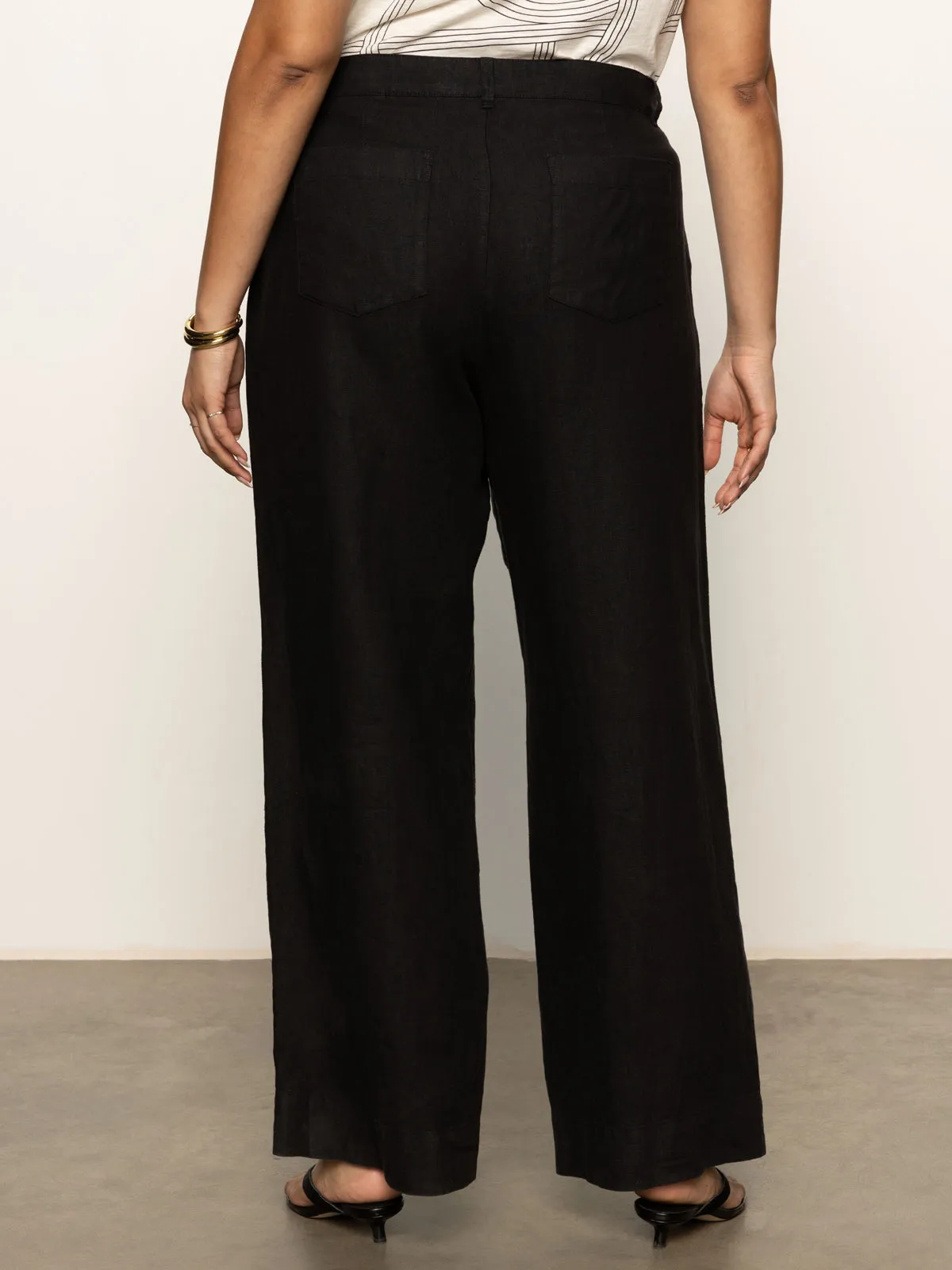 Curved Waistline Cool Weather The Linen Marine Wide Leg Semi-High Rise Pant Black Extended Sizing
