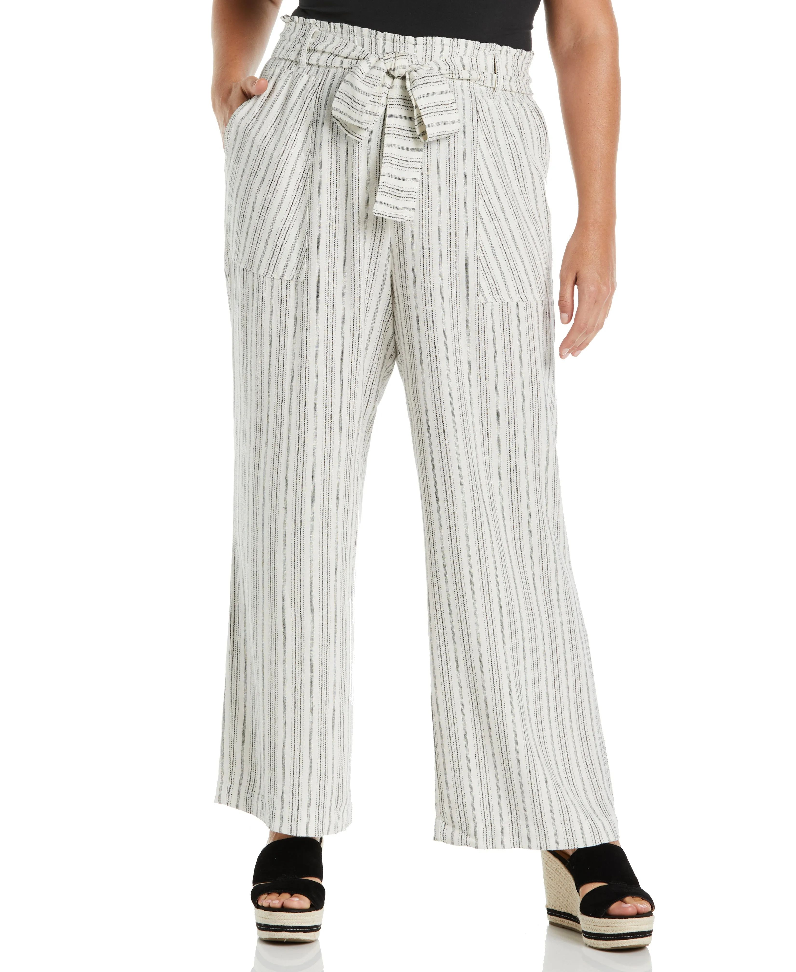 Plus Size Stripe Wide Leg Linen Blend Paper Bag Pant Durable Design