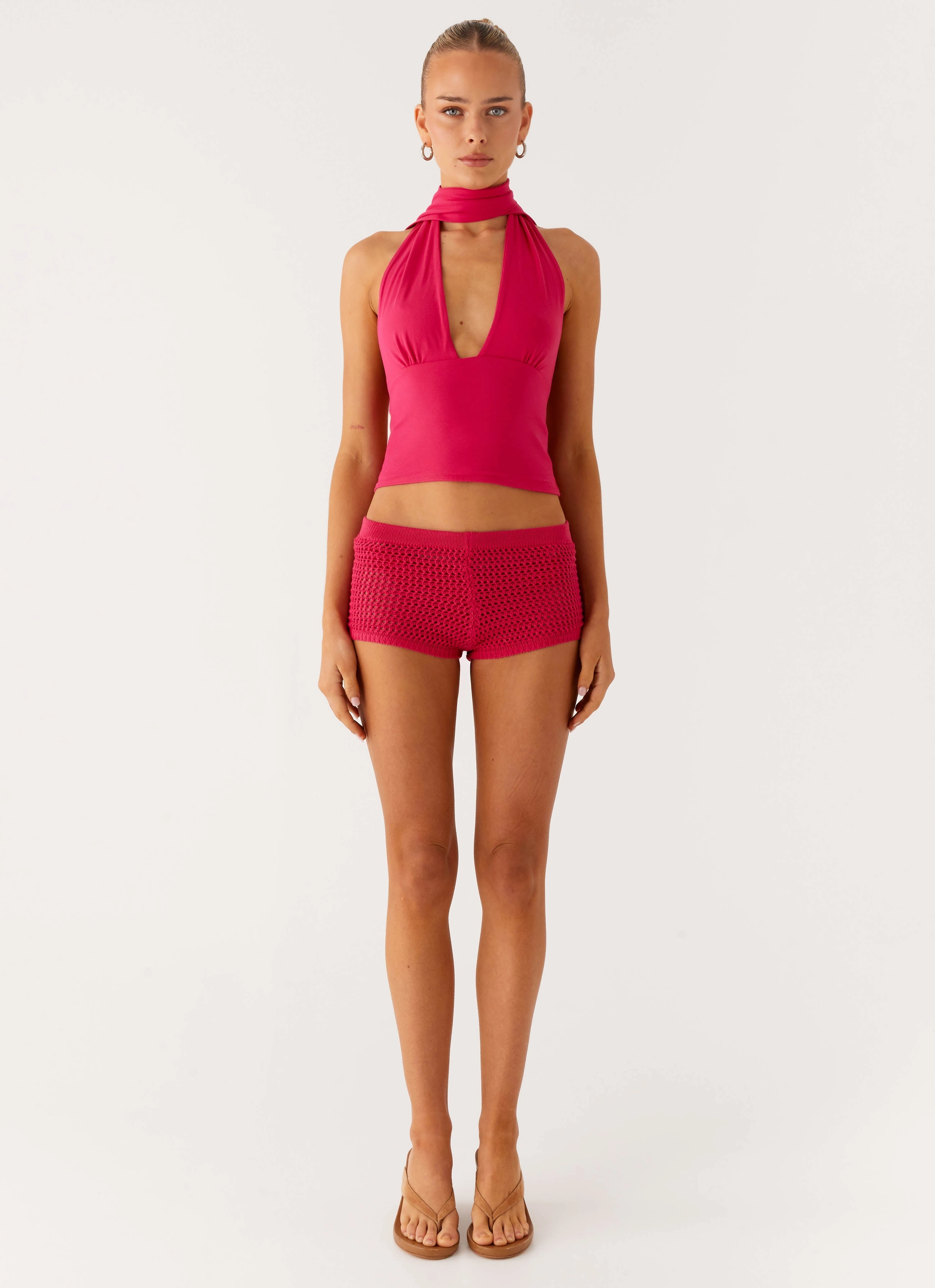 Stretchable Fabric Lukella Crochet Mini Short - Hot Pink