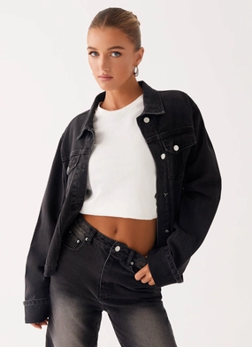Back Again Oversized Denim Jacket - Charcoal Wash suitable for graduations