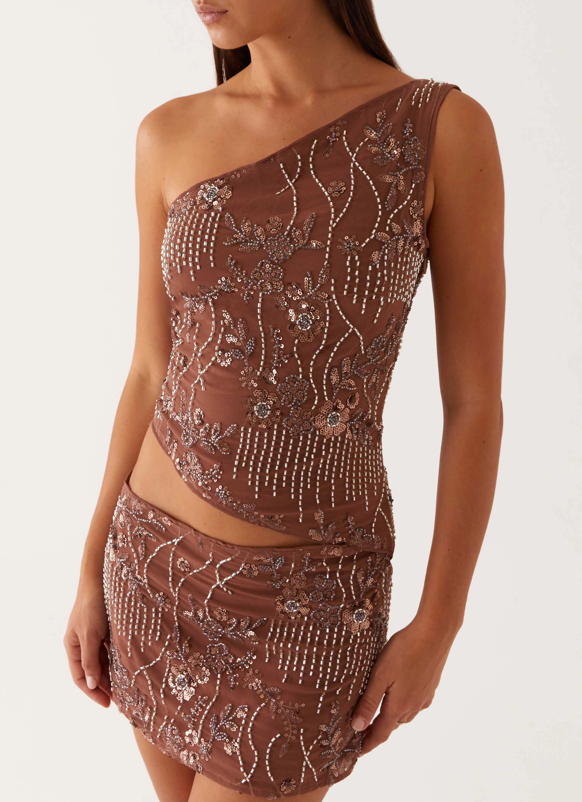 Weighted Hem Ultra Comfort Through The Night One Shoulder Mini Dress - Chocolate