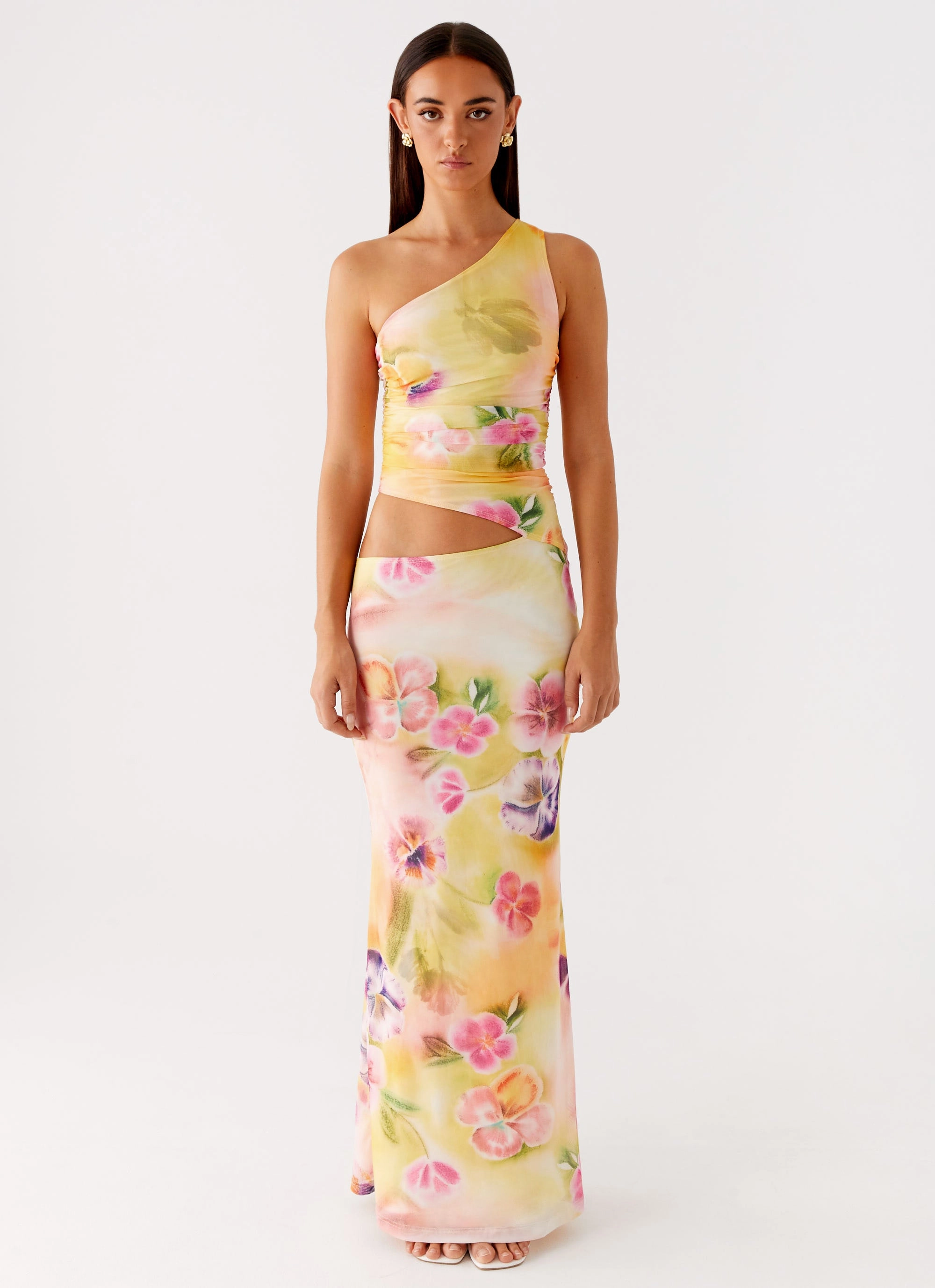 Seranella One Shoulder Maxi Dress - Sunburst Floral Chic Everyday Wear