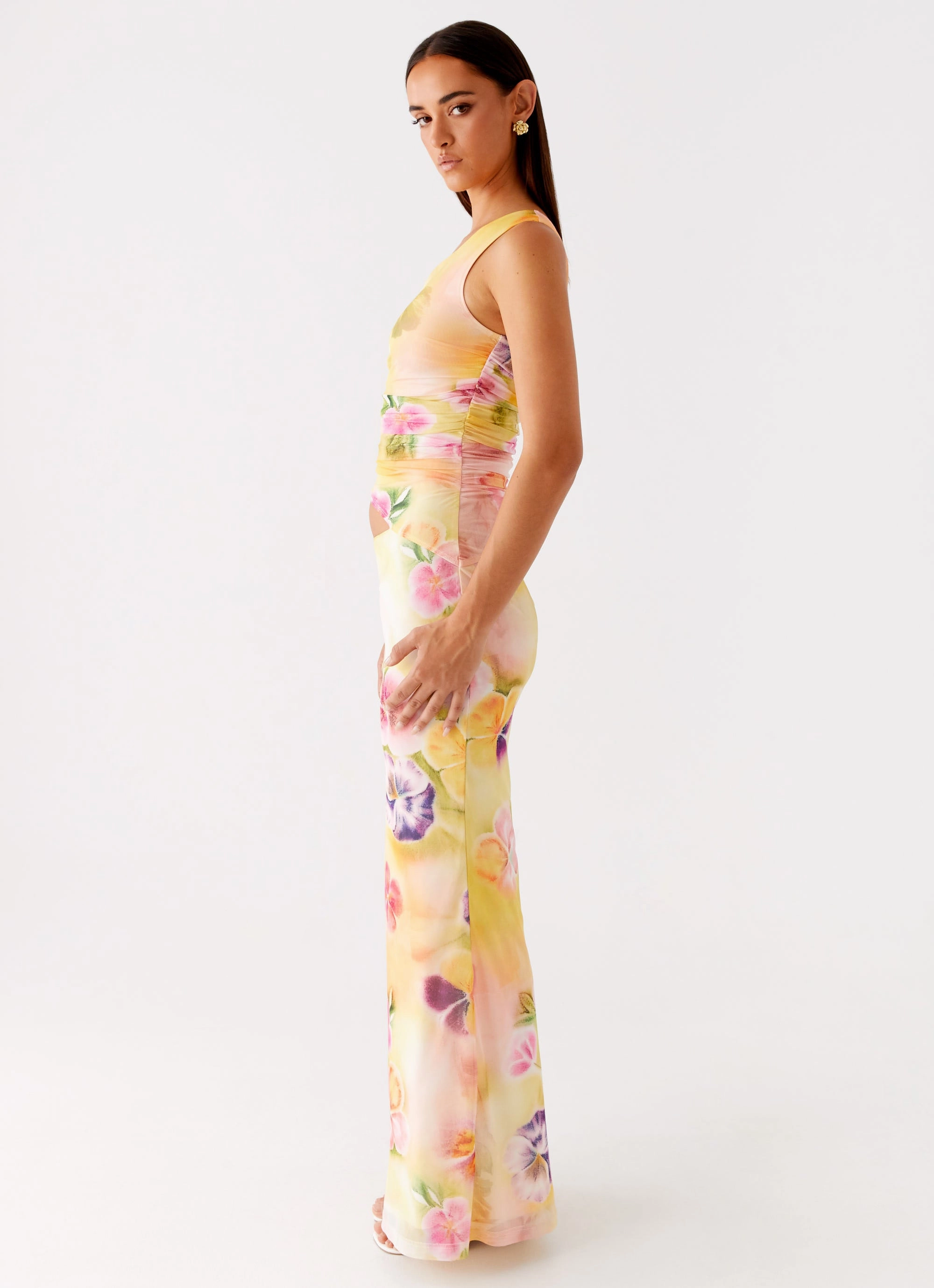 Seranella One Shoulder Maxi Dress - Sunburst Floral Cotton-Blend Back Glow