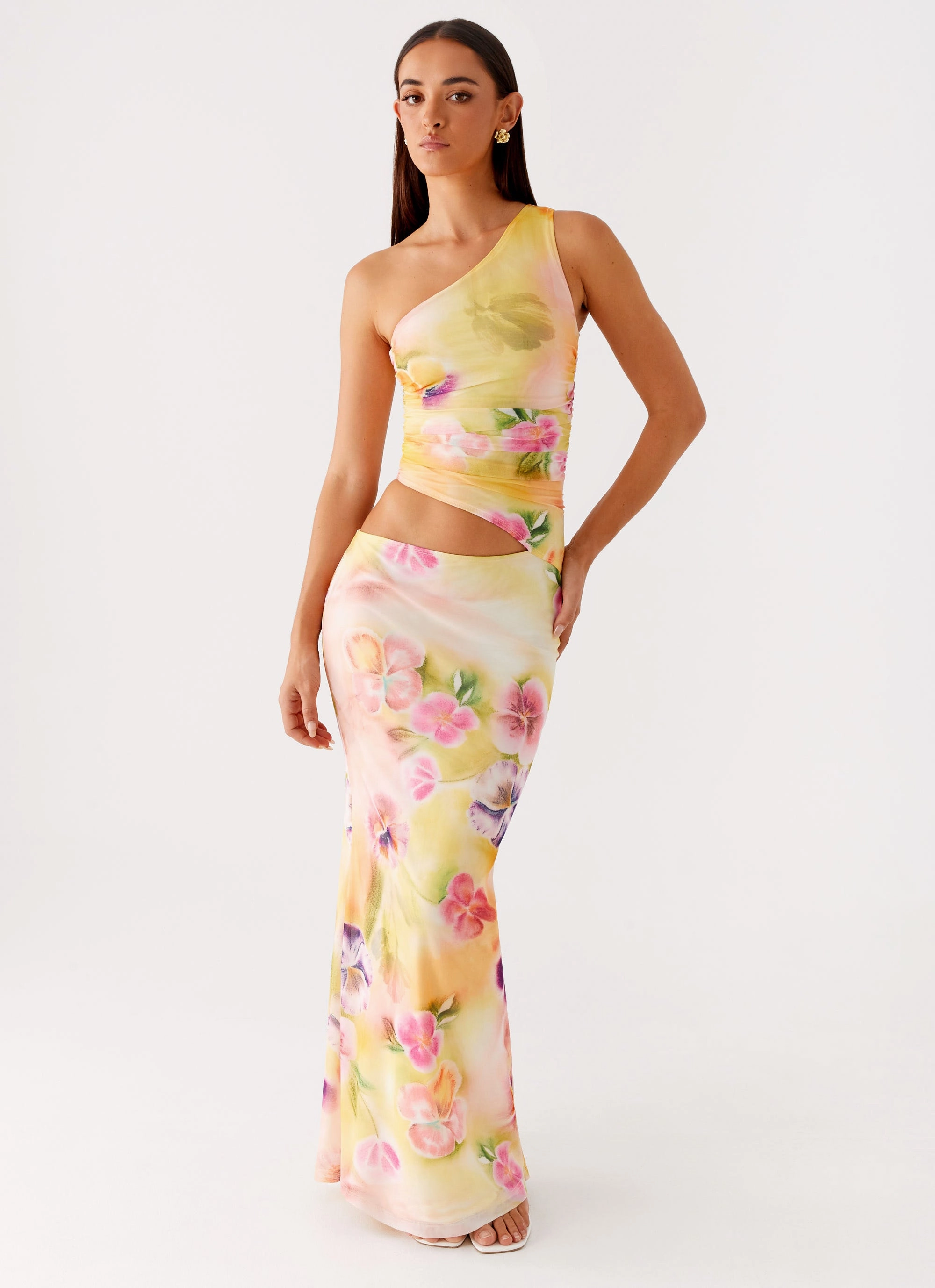 Sleek Style Contemporary Layer Seranella One Shoulder Maxi Dress - Sunburst Floral