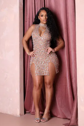 Flattering Wearable Photo Glow Gina Rhinestone Mesh Halter Mini Dress
