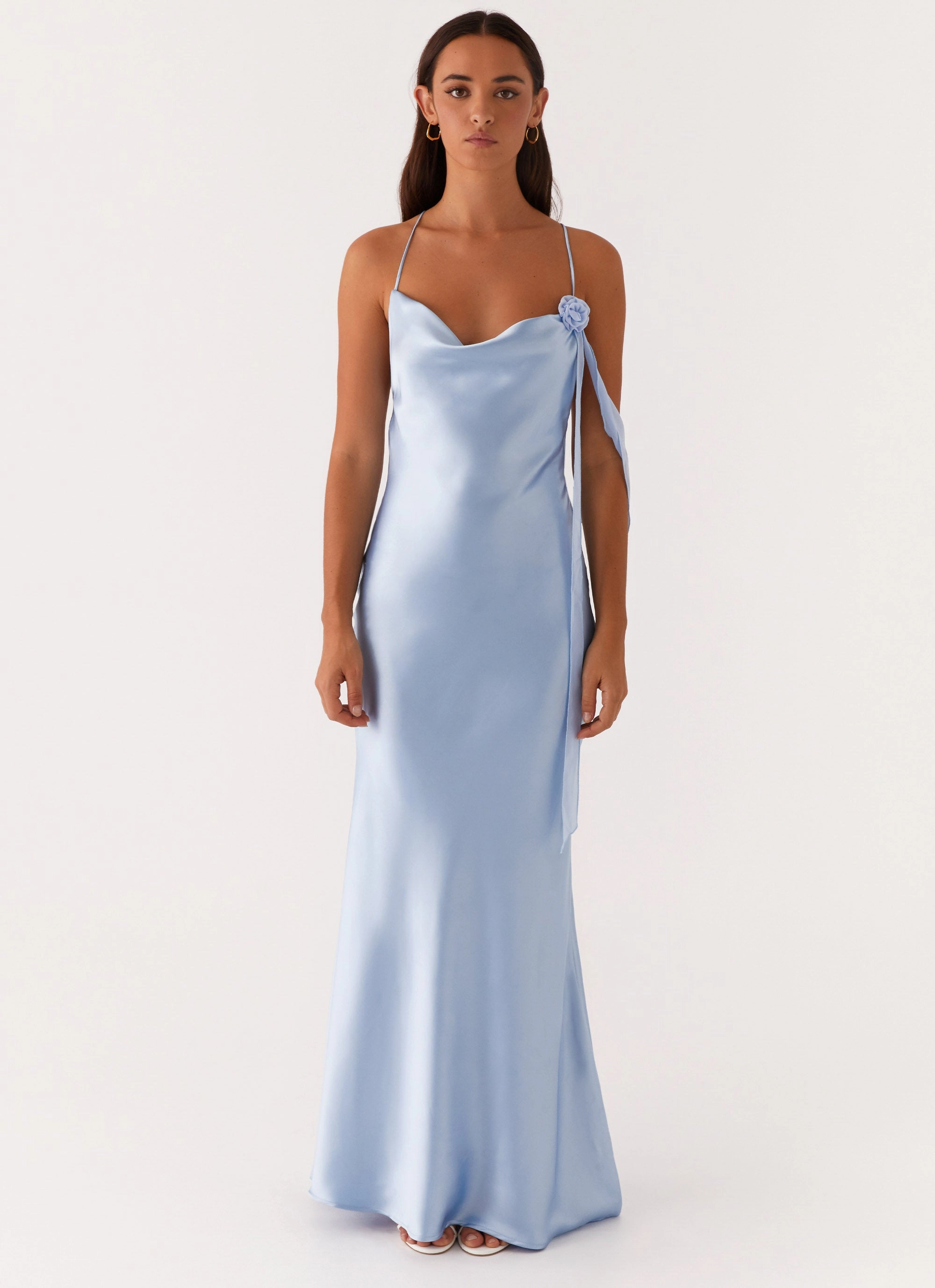 Too Sweet Satin Maxi Dress - Blue Stud-Detail Polished Details