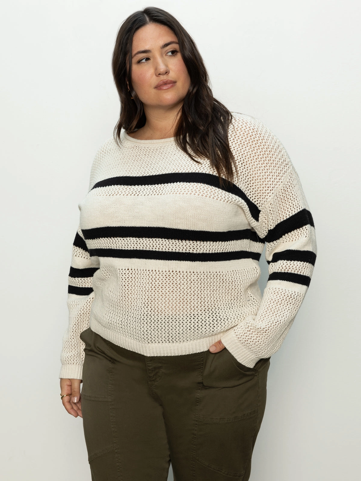 Sporty Stripe Open Knit Sweater Eco Natural / Black Stripe Extended Sizing Comfortable Style