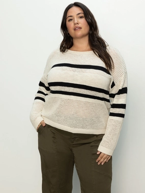 Sporty Stripe Open Knit Sweater Eco Natural / Black Stripe Extended Sizing Zero Waste Production Label NonChafingTrim