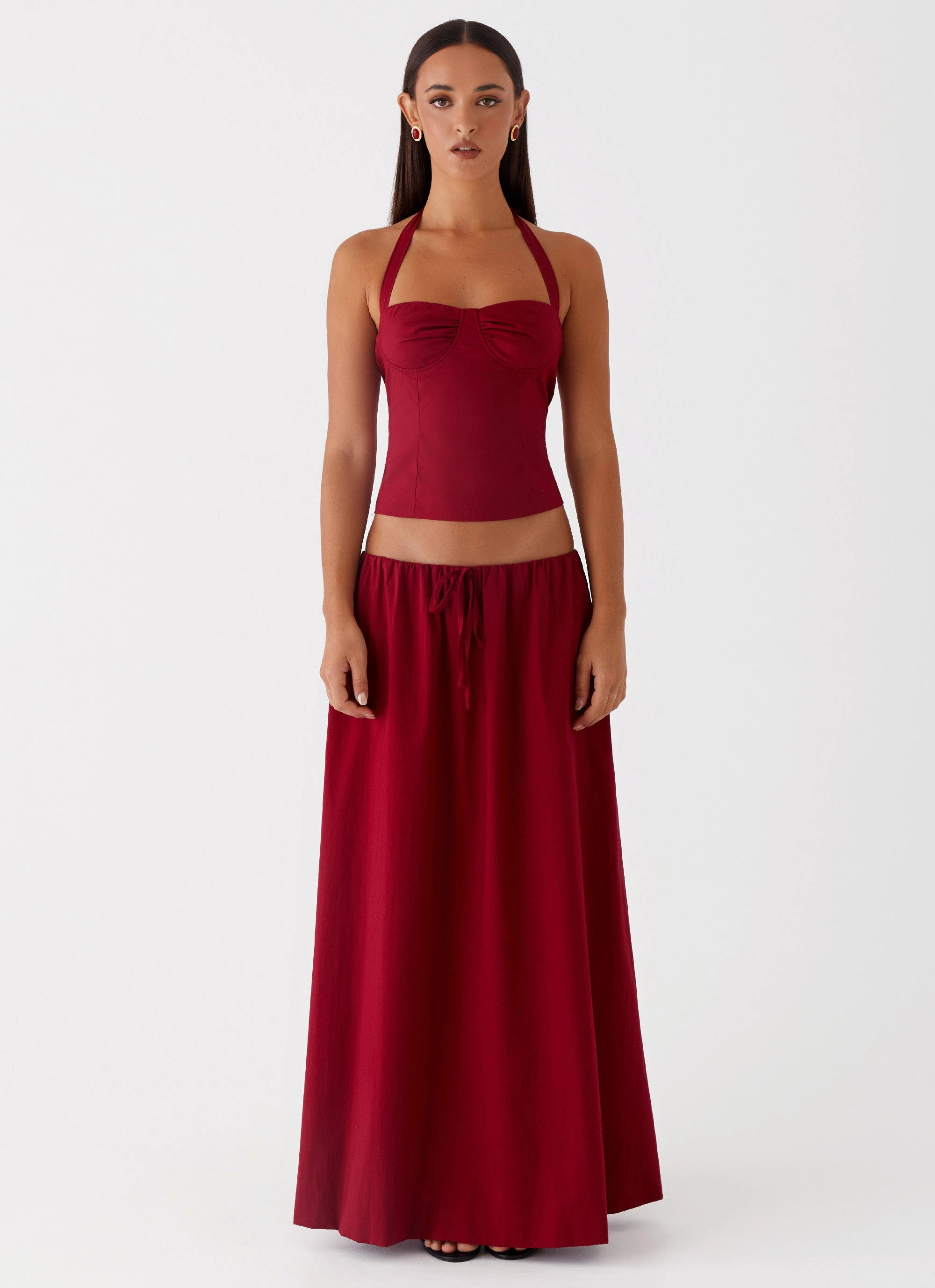 Weekend Vibes Metallic Finish Cheryl Maxi Skirt - Cherry Red