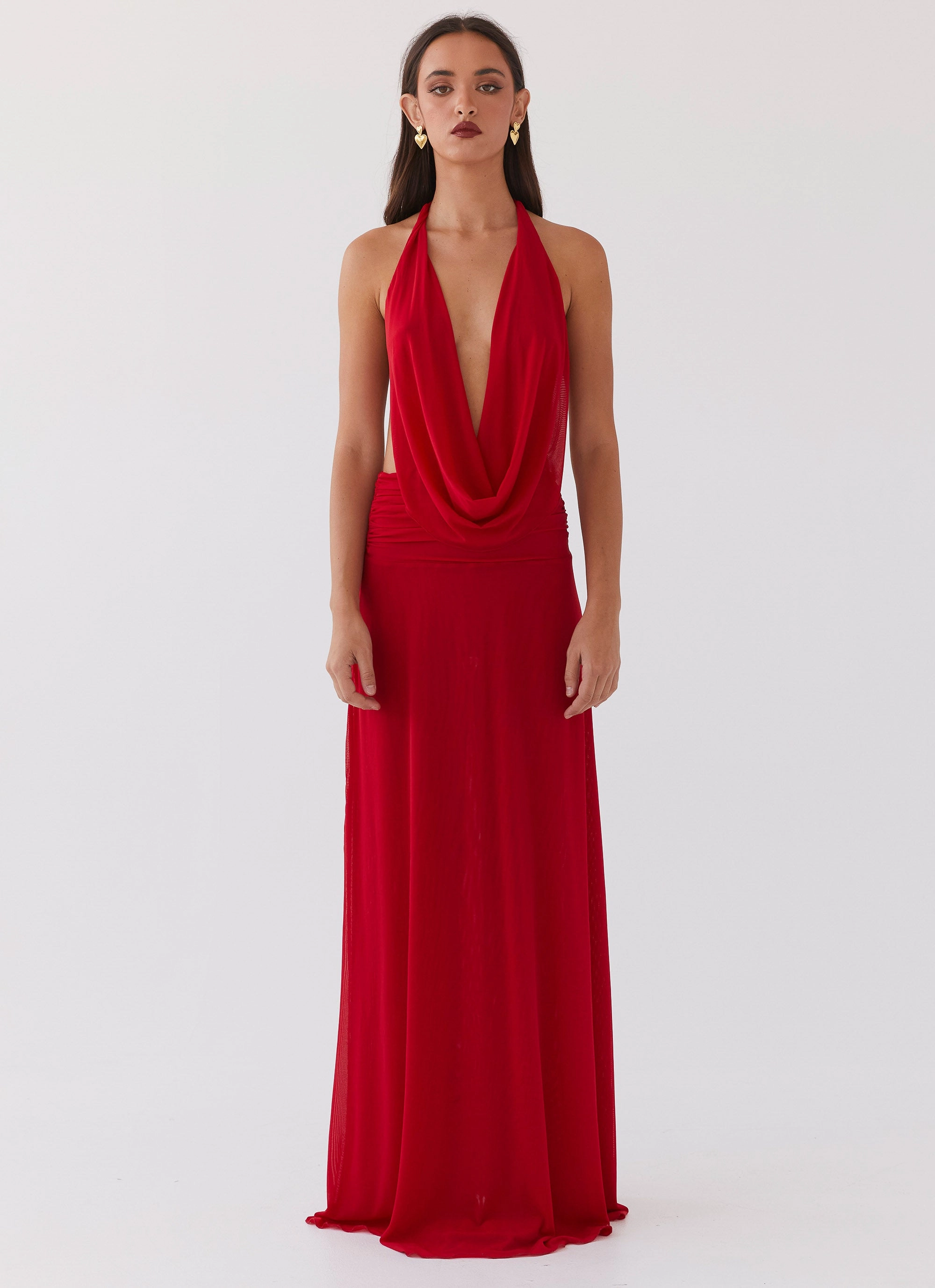 Pure Stitch Relax Motion Elysia Mesh Maxi Dress - Cherry Red