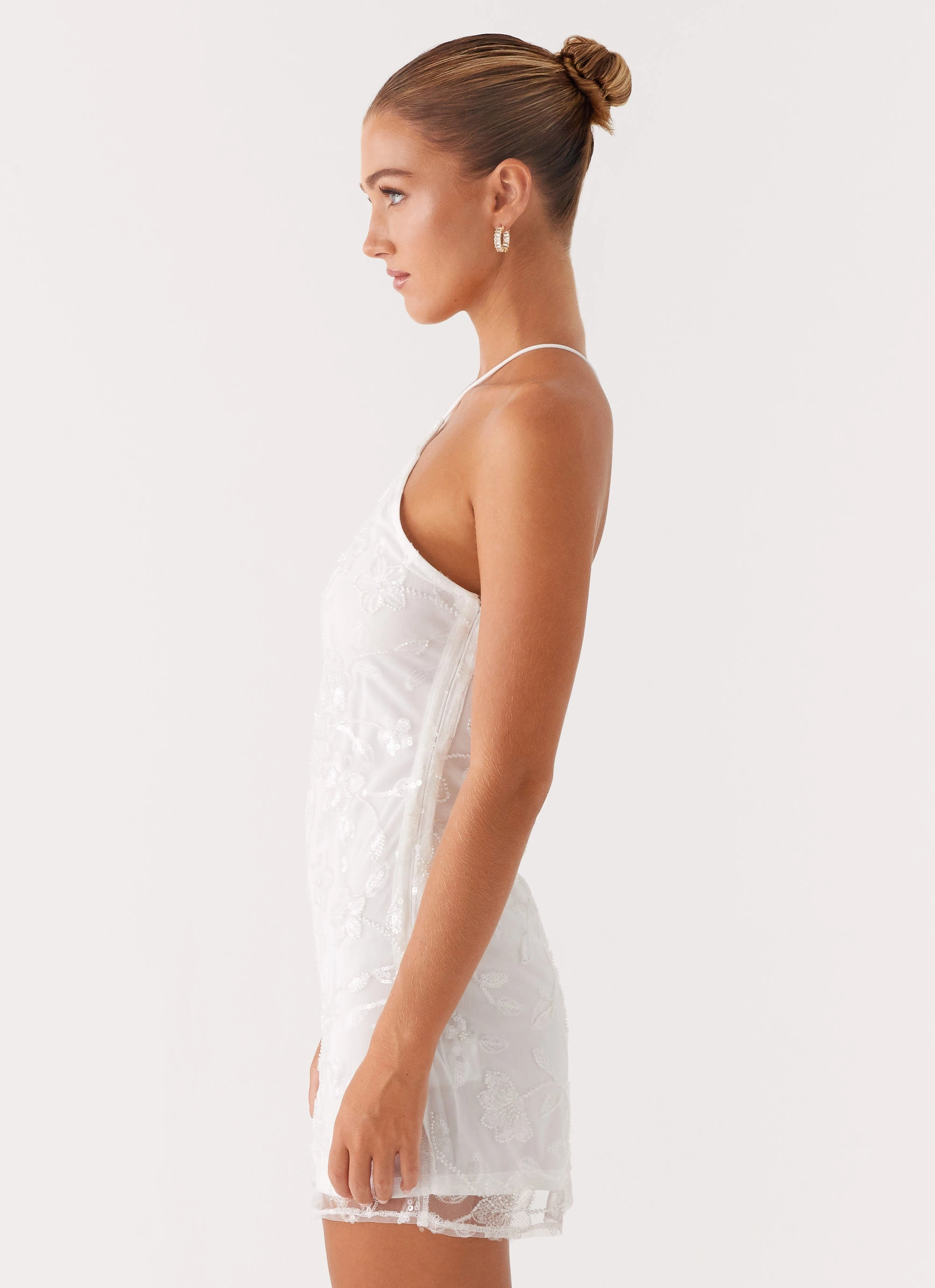 Rumi Beaded Mini Dress - White Satin Soft