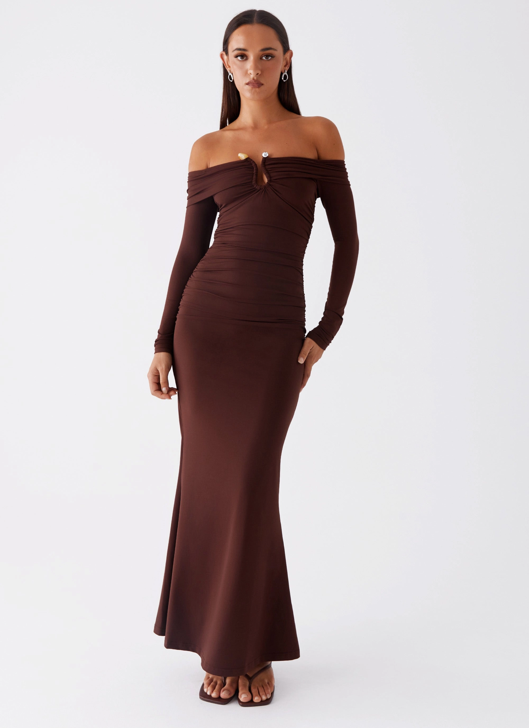Bow-Detail Rudy Long Sleeve Maxi Dress - Chocolate