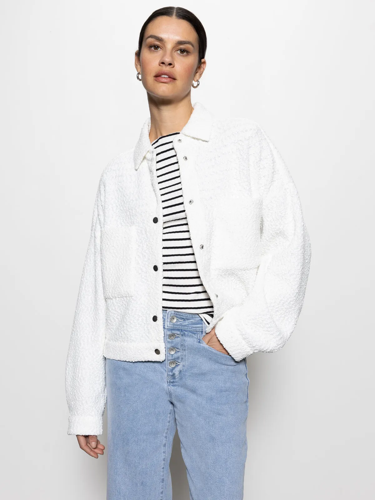 Trimmer Knit Shacket Chalk Curved Hem Design ContouredPanels