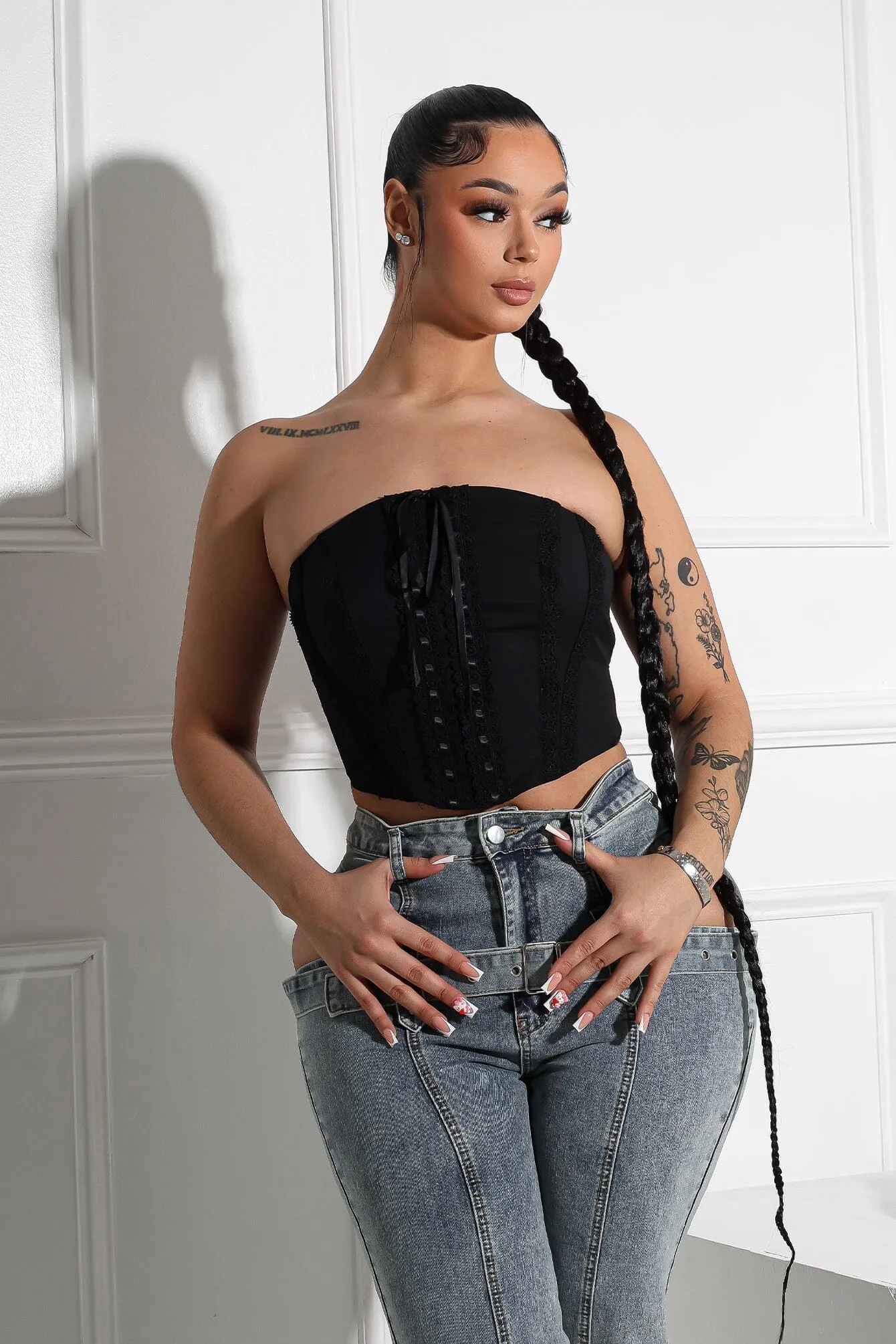 Trina Tube Crochet Lace Crop Top All Weather Performance Fabric WaffleWeave