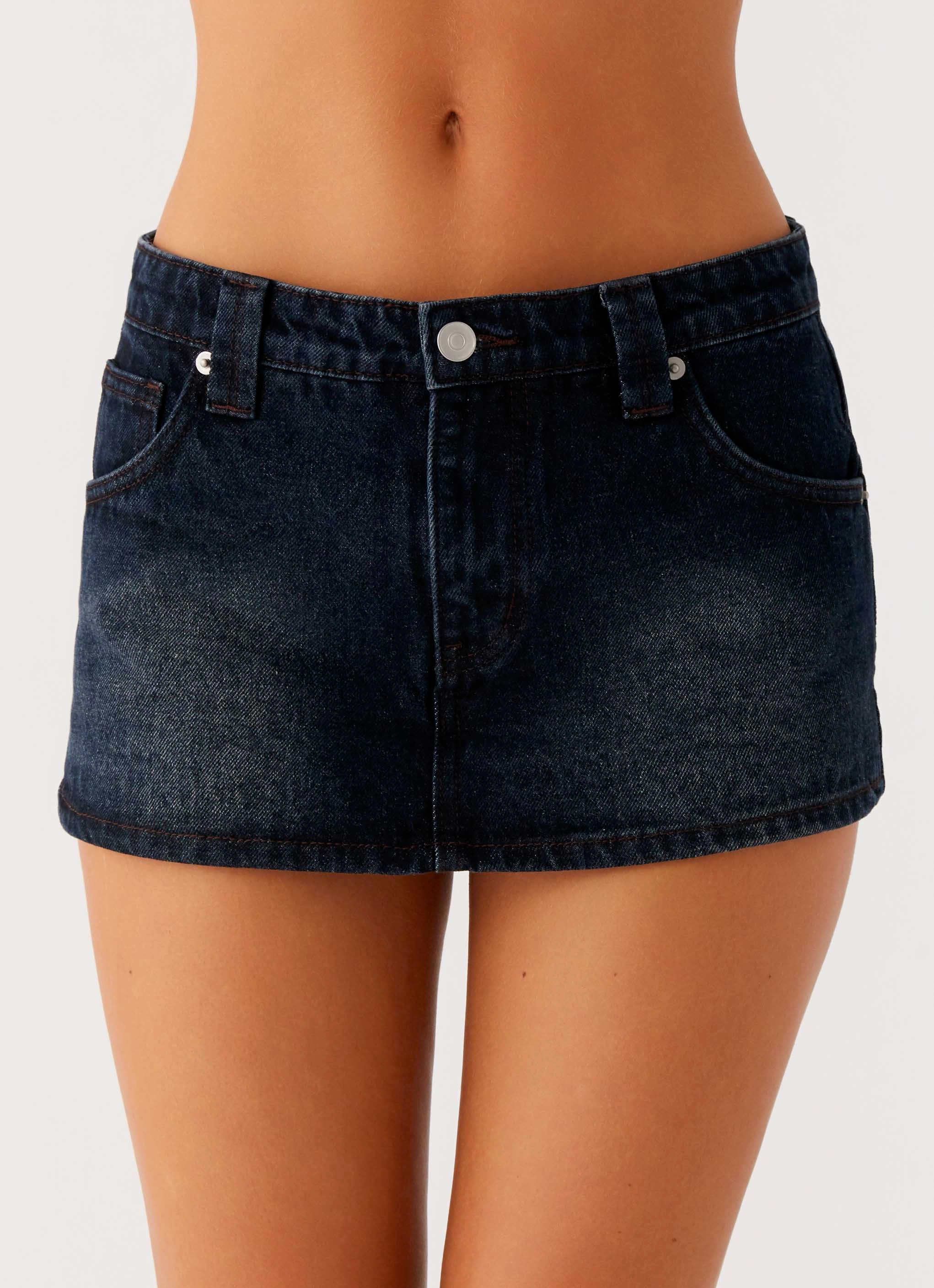 Tropics Low Rise Denim Mini Skort - Washed Dark Blue Aesthetic Look Mid Length