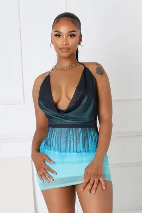 Turquoise Cowl Neck O Ring Mini Dress knee-length Winter Classic