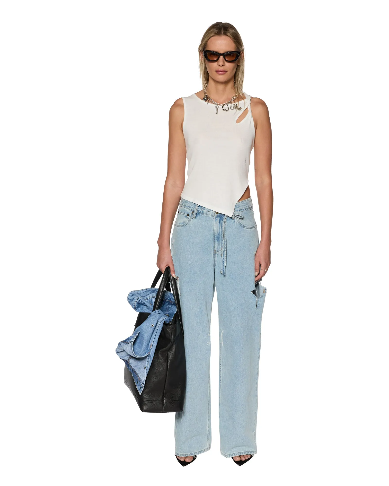 TWISTED TANK WHITE Asymmetric Hem Tencel Blend Fabric