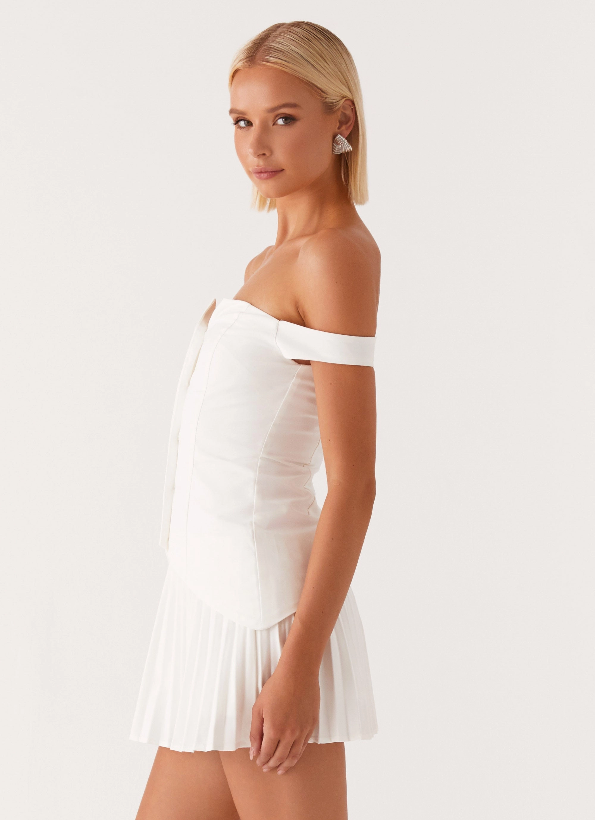 Twisted Skies Off Shoulder Mini Dress - Off White Side Pockets Comfy Fit