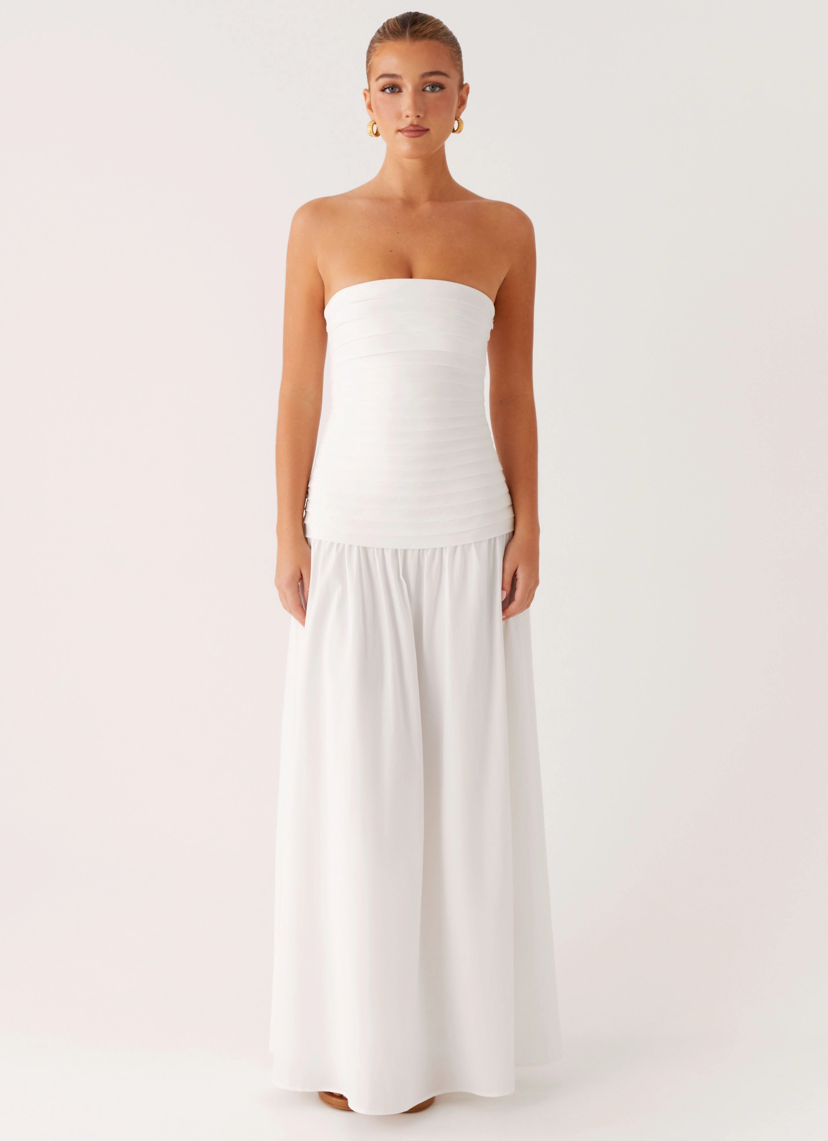 High Waist Silky Layer Tyrah Maxi Dress - White
