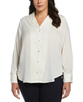 Non Closure Collar Mesh Lining Plus Size Notch Collar Blouse