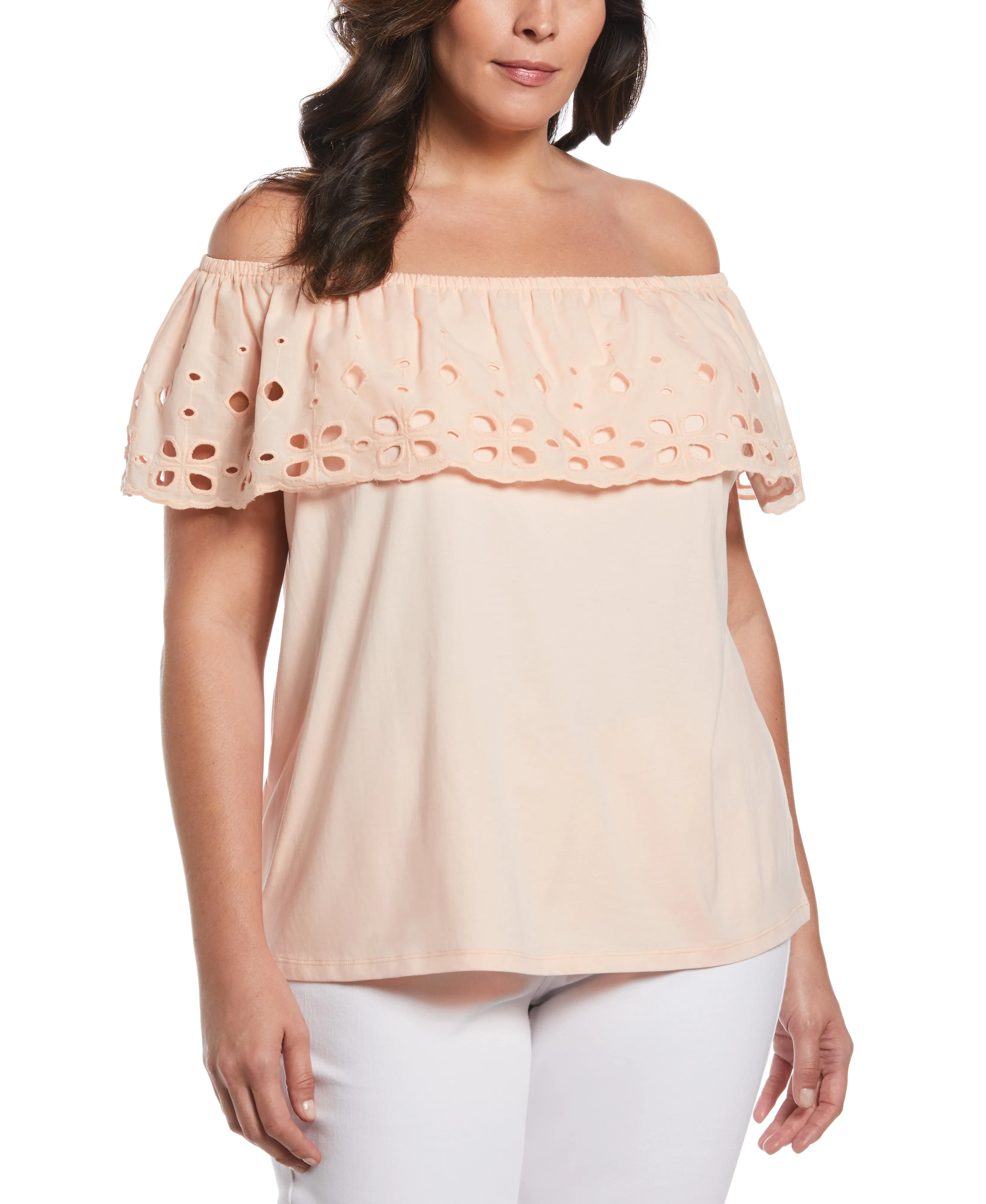 Plus Size Off the Shoulder Mixed Media Top Easy to Wear Flatlock Seam Design