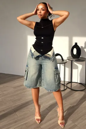 Multi Panel Cut Unconditional Buckle Sleeveless Top