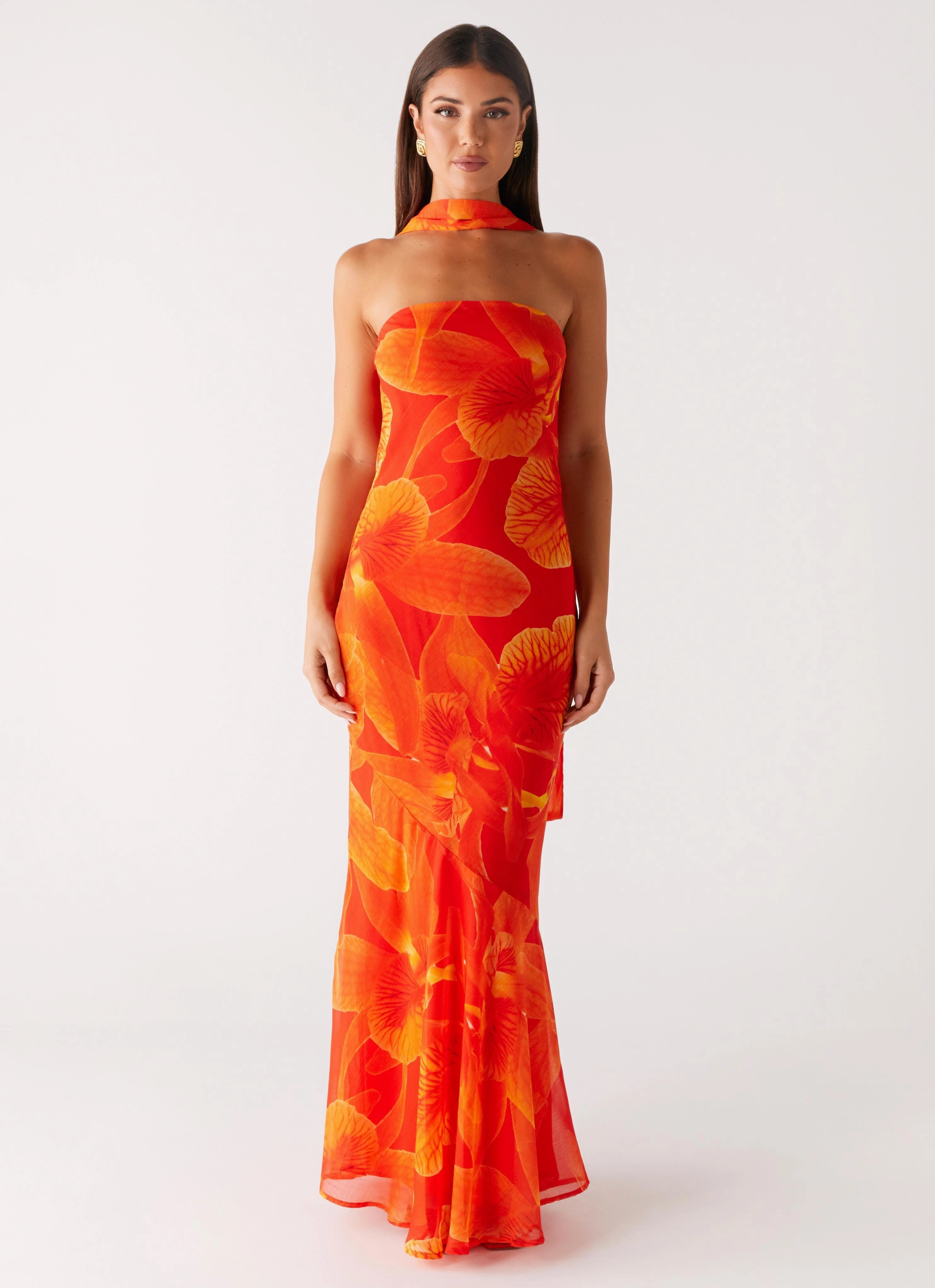 Seasonal Layer foldable Under The Pagoda Maxi Dress - Orange Floral