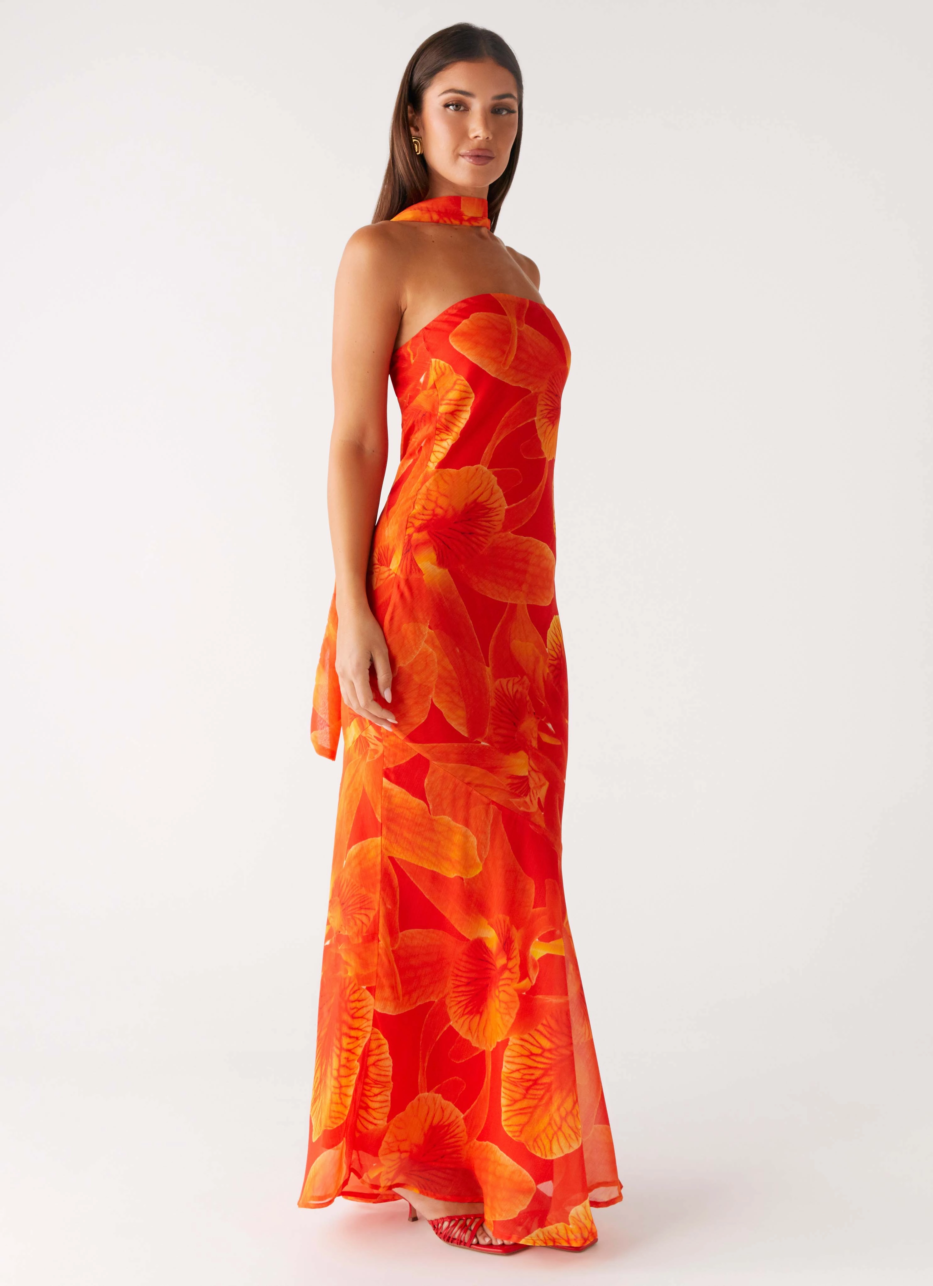Under The Pagoda Maxi Dress - Orange Floral Texture Edge Elegant Tailoring