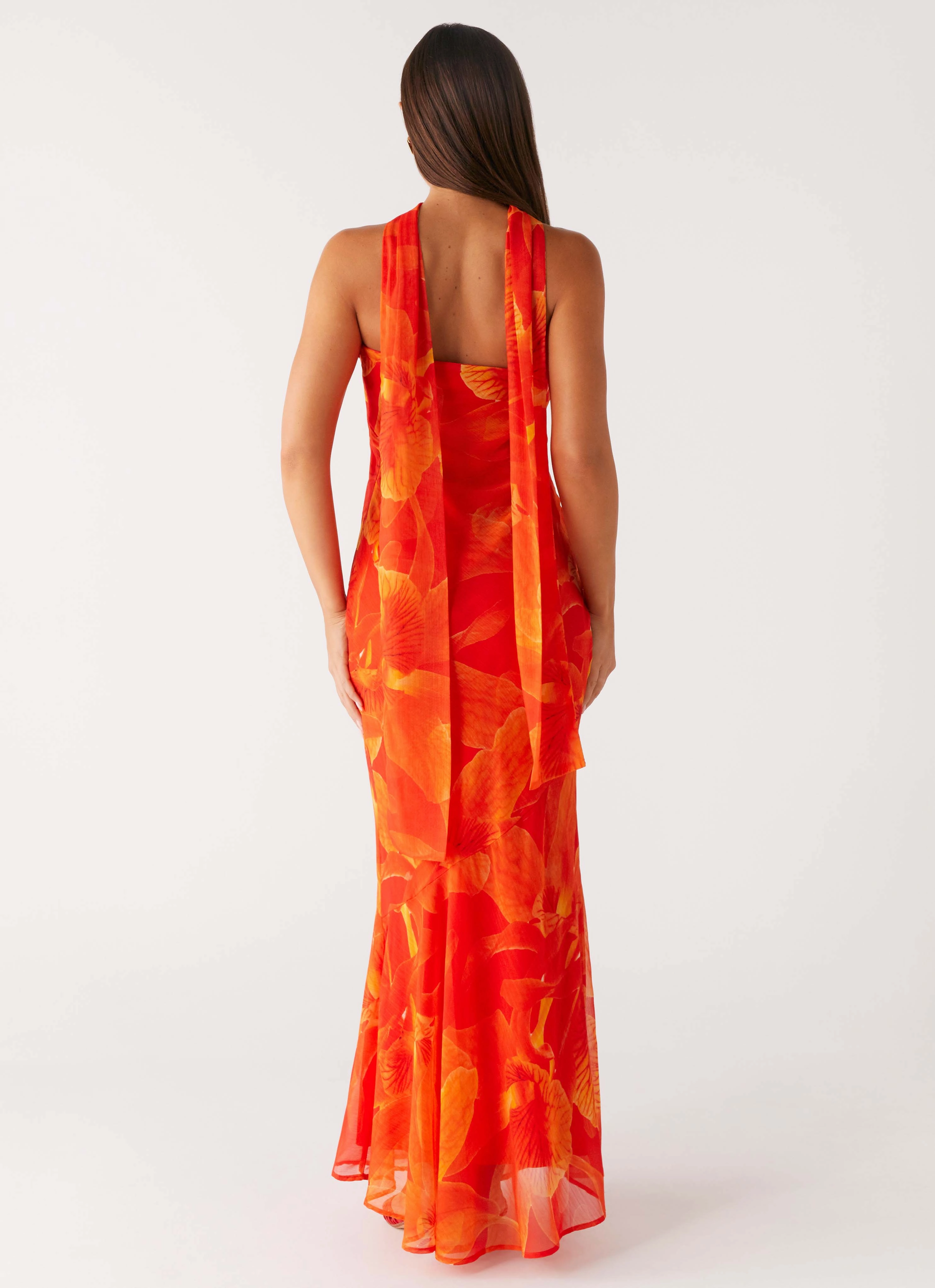 Under The Pagoda Maxi Dress - Orange Floral Feminine Mood Lace Detail