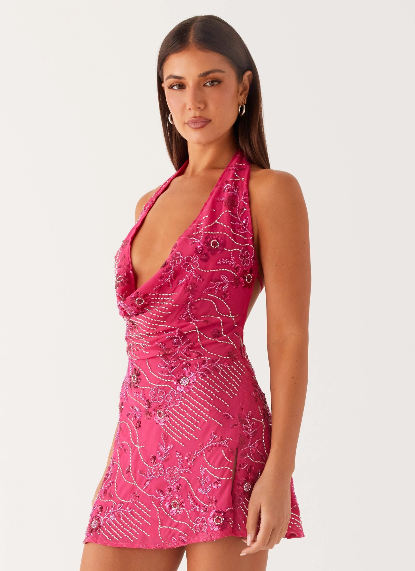 Cinzia Beaded Mini Dress - Fuchsia Non Irritating Texture Matching Belt