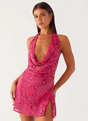 Cinzia Beaded Mini Dress - Fuchsia Timeless Cut