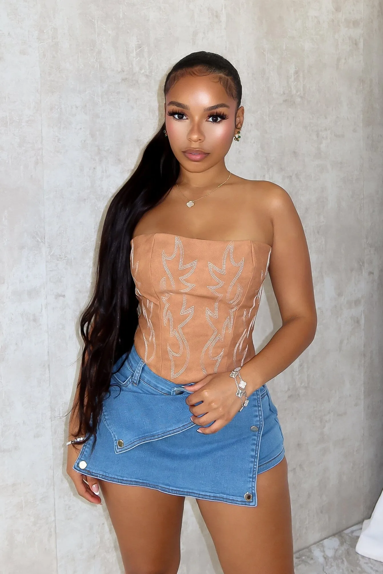 Call Me Again PU Western Corset Top NonRestrictiveCut Seamless Knit Design