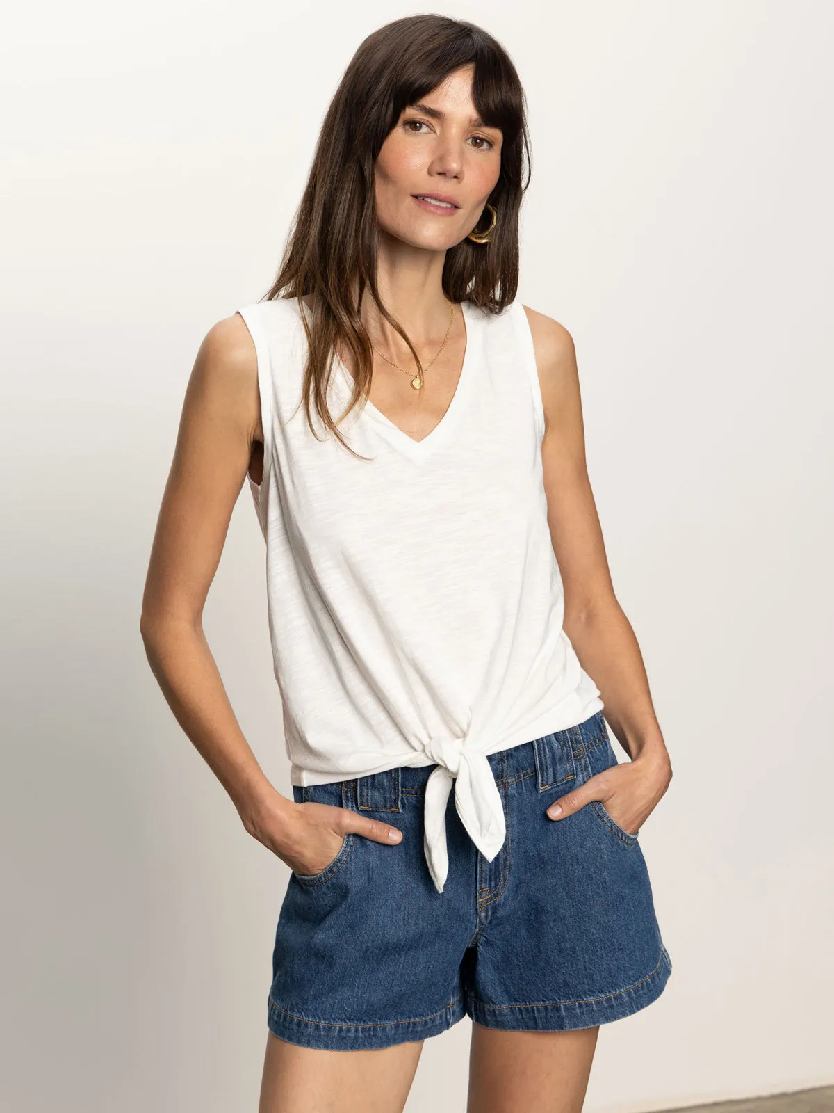 Basic Sweatshirt V-Neck Tie Tank White