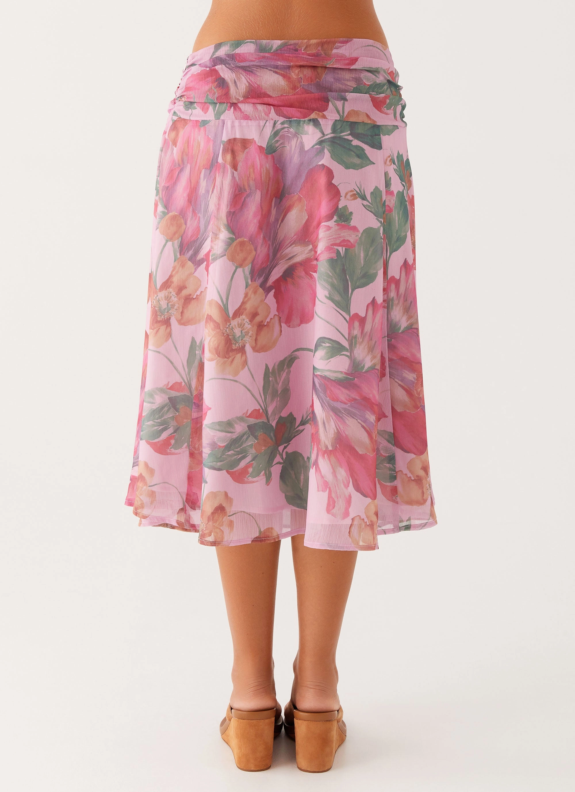 Valley Midi Skirt - Pink Floral Mix Texture Sophisticated Casual
