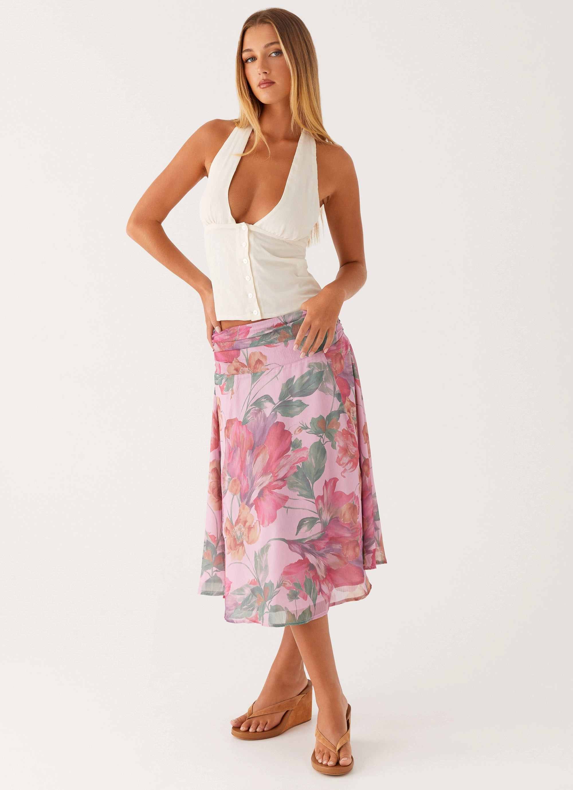 Valley Midi Skirt - Pink Floral Convertible Length Roll Up Hem